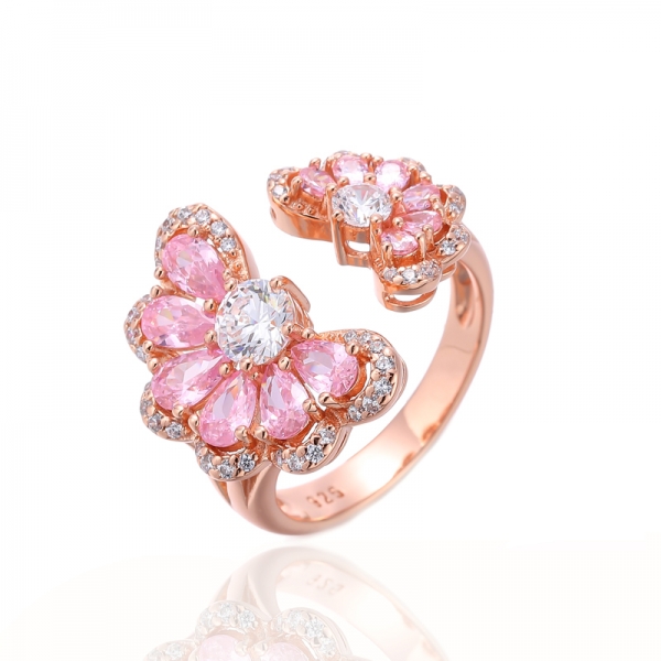 Pear Shape Pink And Round White Cubic Zircon Silver Open Ring With Rose Glod Plating 