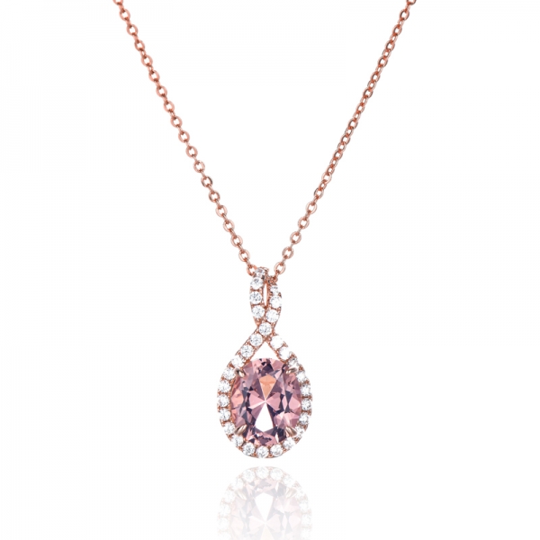 Oval Shape Morganite Nano And Round White Cubic Zircon Silver Pendant With Rose Glod Plating 