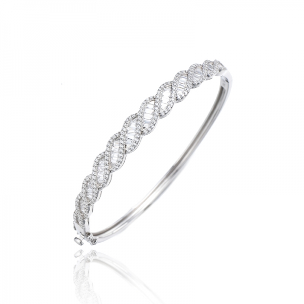 Baguette And Round White Cubic Zircon Rhodium Silver Bangle 