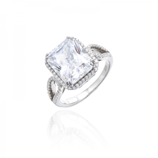 Octagon And Round White Cubic Zircon Rhodium Silver Ring 