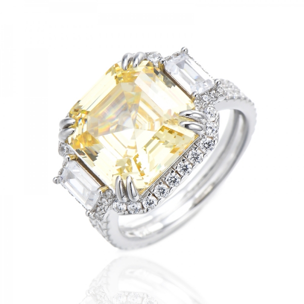 Asscher Canary And White Cubic Zircon Rhodium Silver Ring 