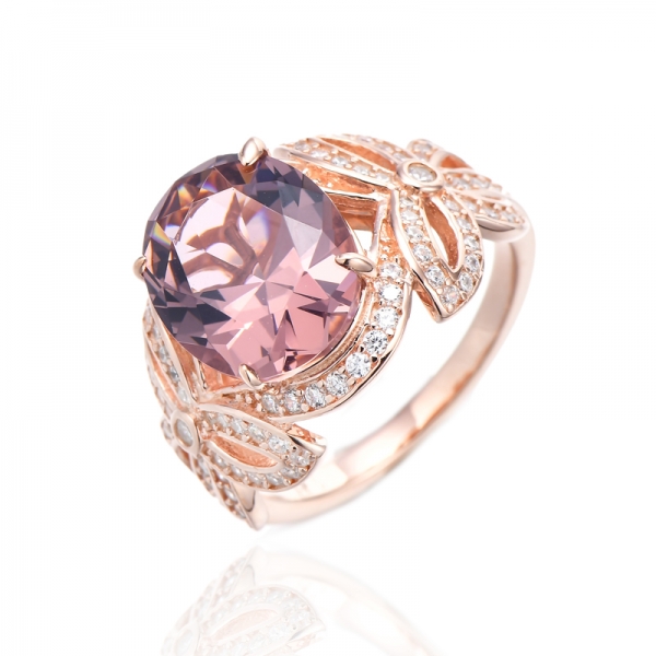 Oval Shape Morganite Nano And Round White Cubic Zircon Silver Ring With Rose Gold Plating 