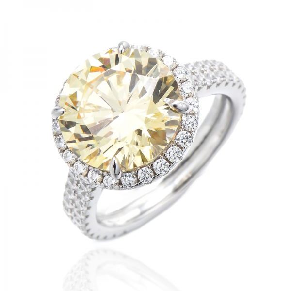 Round Diamond Yellow And White Cubic Zircon Rhodium Silver Ring 