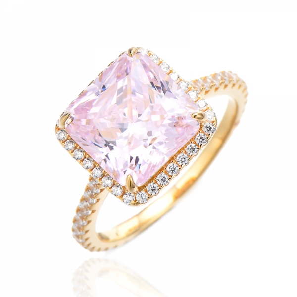 Octagon Diamond Pink And Round White Cubic Zircon Silver Ring With Gold Plating 