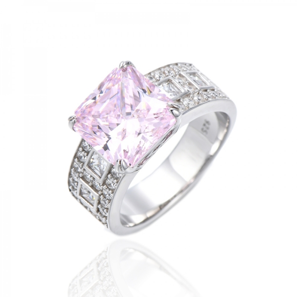 Octagon Diamond Pink And White Cubic Zircon Rhodium Silver Ring 