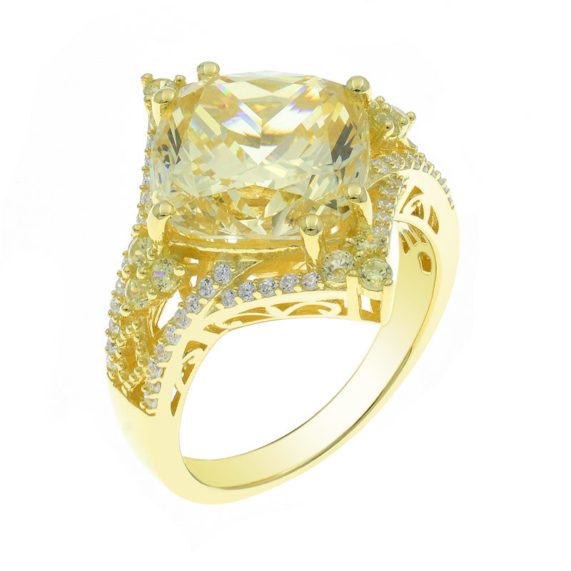 silver cushion diamond yellow cz ring