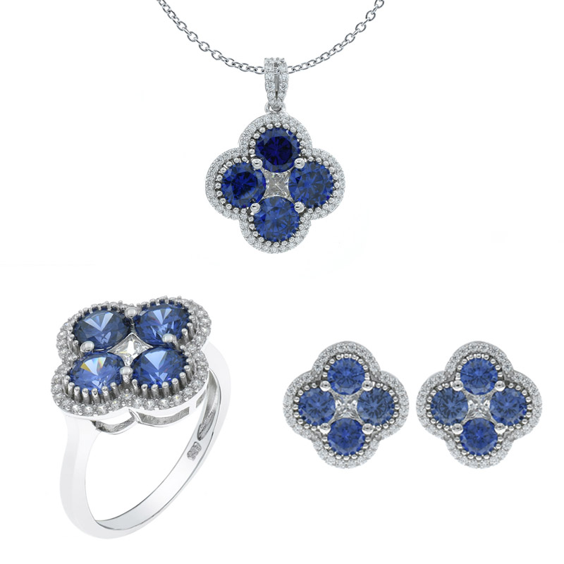 Women Tanzanite CZ Four Leaf Clover Jewelry Set