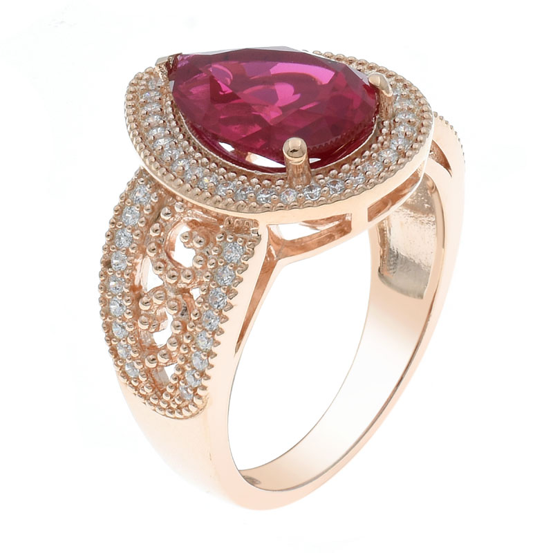 Women Halo Pear Shape Red Corundum Ring