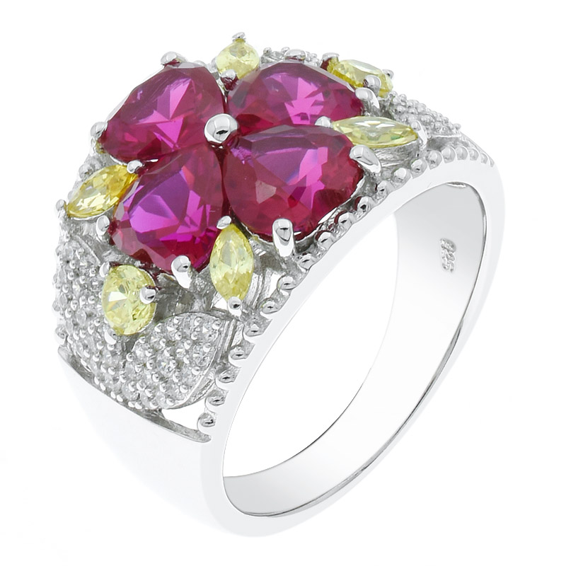 Women Red Corundum Four Leaf Clover Ring