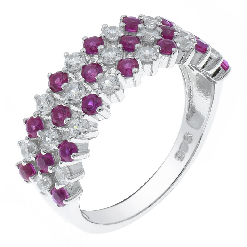 Women Alternating Red Corundum & White CZ Ring