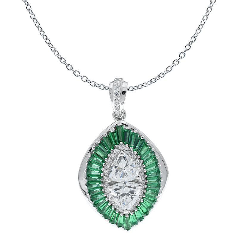 Women Baguette Pendant With Green Nano & White CZ