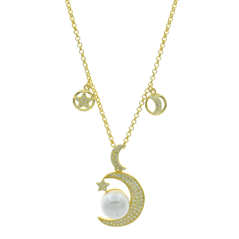 Crescent Moon Star Pearl 925 Necklace