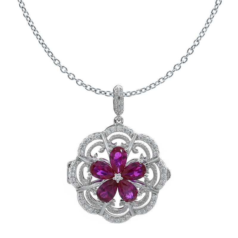 China Women Flower Red Corundum Locket Pendant