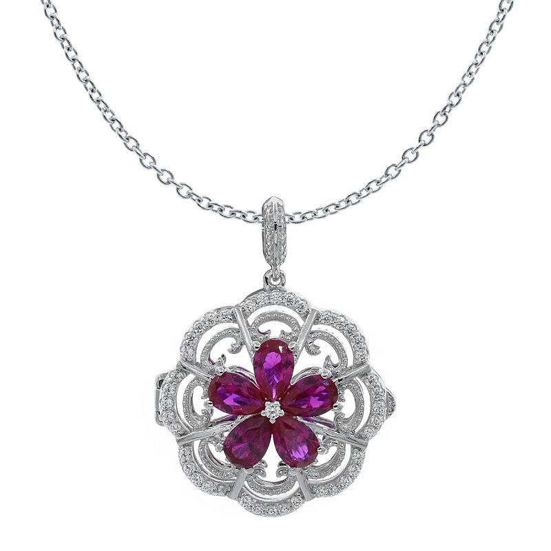 China Women Flower Red Corundum Locket Pendant