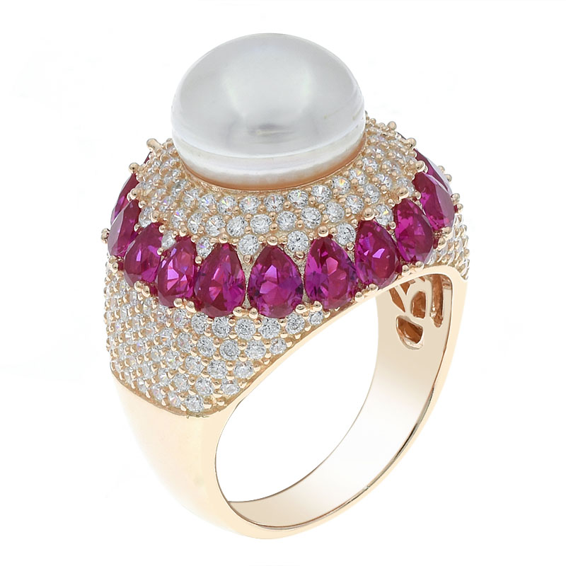 Women Pearl Ring With Red Corundum