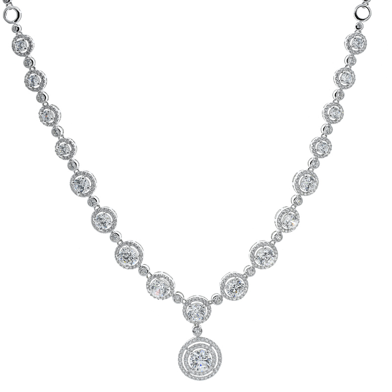 Women Double Halo White CZ Necklace 