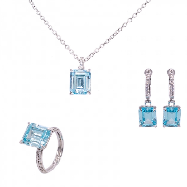 925 Sterling Silver Jewelry Set with brilliant Aqua CZ 