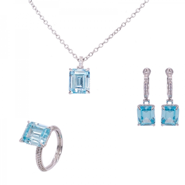 925 Sterling Silver Jewelry Set with brilliant Aqua CZ 