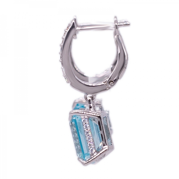 Aqua Cubic Zirconia Earrings 925 Sterling Silver with Emerald Cut 