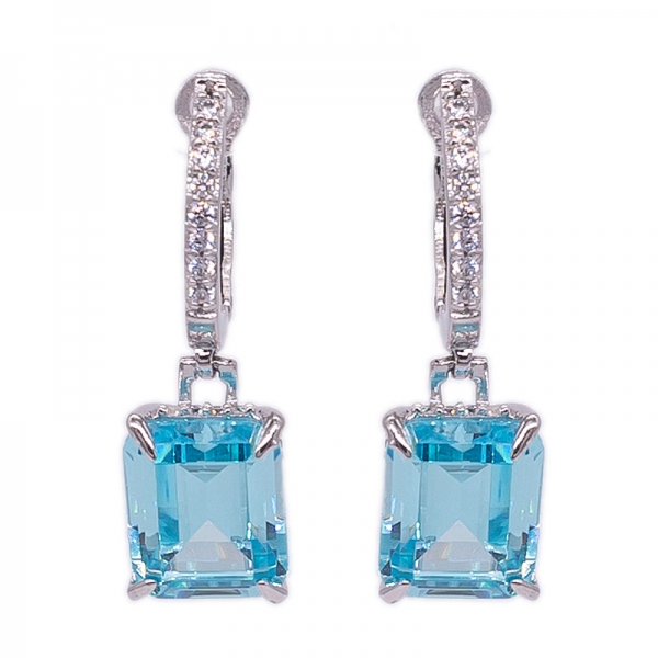 Aqua Cubic Zirconia Earrings 925 Sterling Silver with Emerald Cut 