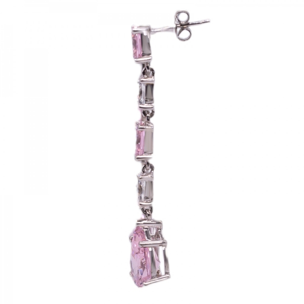 Diamond Pink Drop Long Earrings in 925 Sterling Silver 