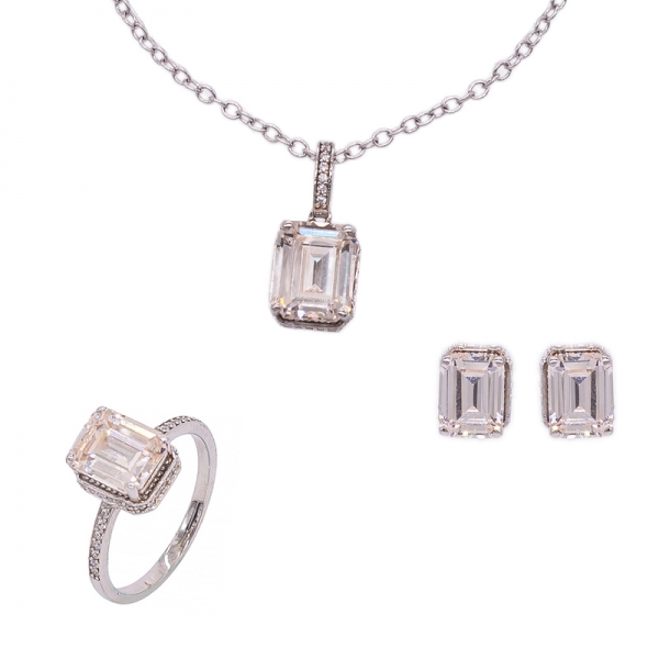 Brilliant Emerald Cut Morganite Peach Jewelry Set in 925 Silver 