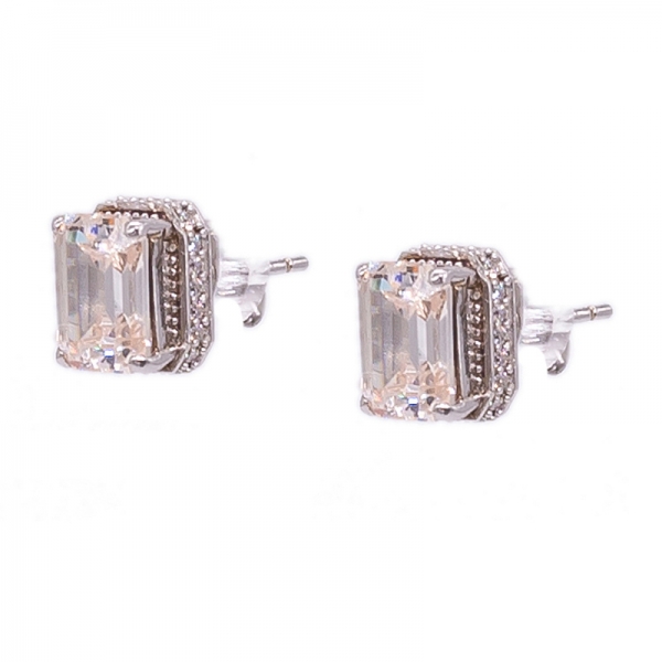 Emerald Cut Morganite Peach Silver Stud Earrings 