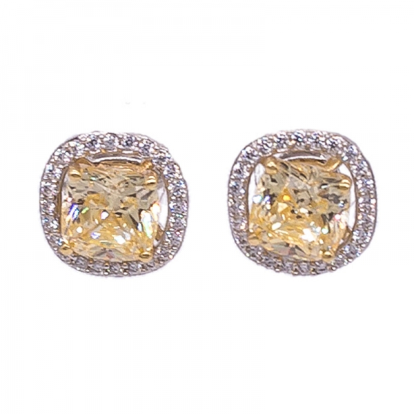 Cushion Diamond Yellow Stud Halo Earrings in 925 Sterling Silver 