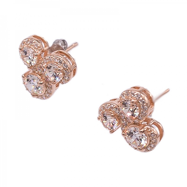 Silver Three Stones Earrings with Rose Gold Plating 