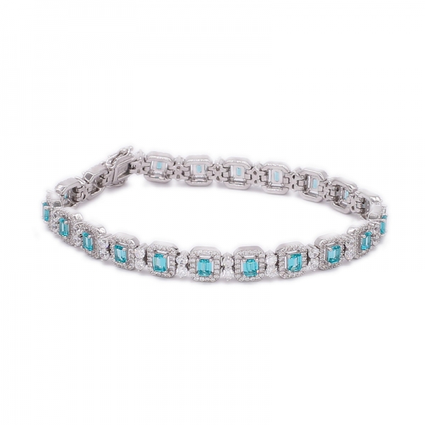 Baguette Paraiba YAG and Round White CZ Silver Bracelet 