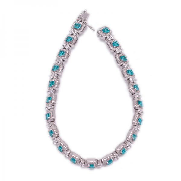 Baguette Paraiba YAG and Round White CZ Silver Bracelet 