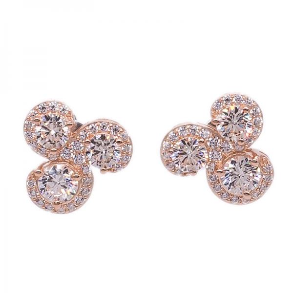 Silver Three Stones Earrings with Rose Gold Plating 