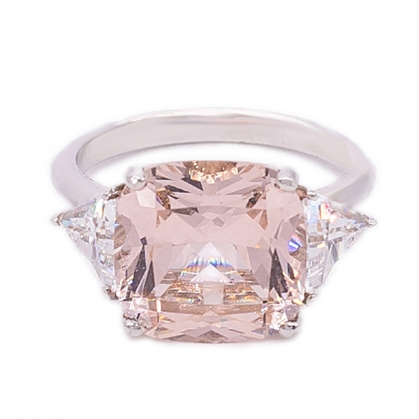 Cushion Morganite Tea Nano and Triangle White CZ Silver Ring 