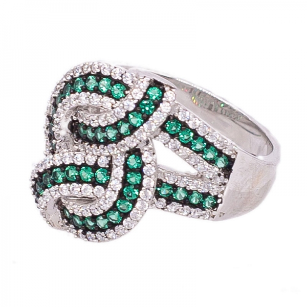 Two Tones Plated Engraved Silver Ring with Green Nano and White CZ 