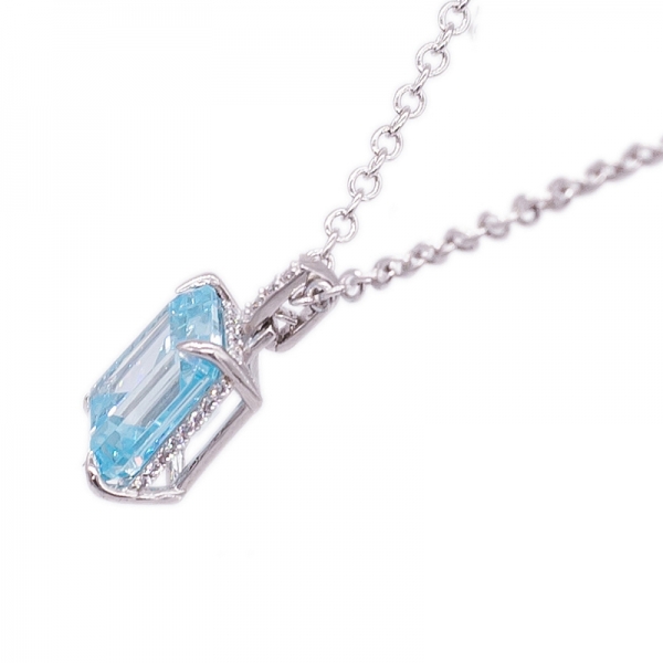 925 Sterling Silver Necklace with Emerald Cut Aqua CZ 