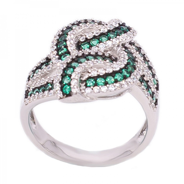 Two Tones Plated Engraved Silver Ring with Green Nano and White CZ 