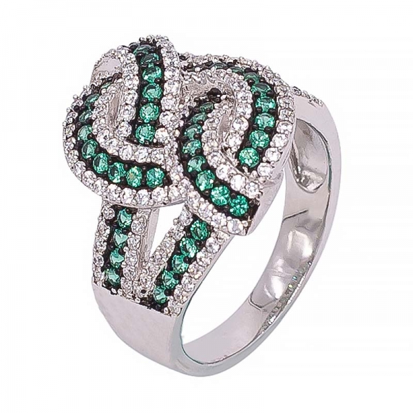 Two Tones Plated Engraved Silver Ring with Green Nano and White CZ 