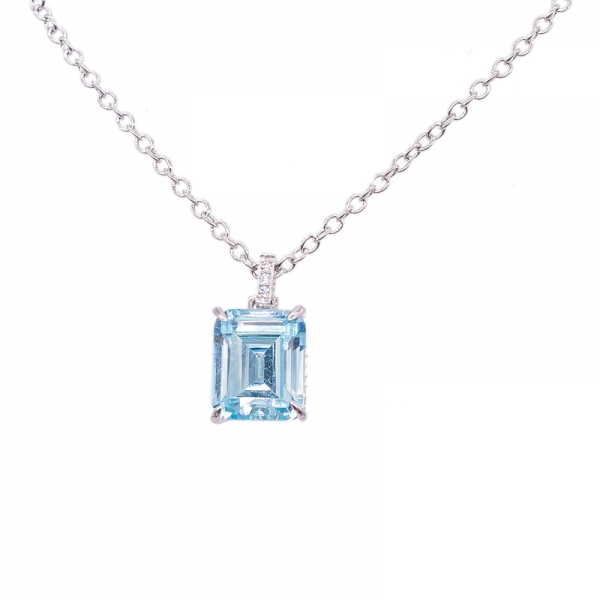 925 Sterling Silver Necklace with Emerald Cut Aqua CZ 