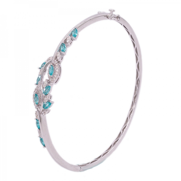 Leaf Shape Silver Bangle Set with Precious Marquise Paraiba 