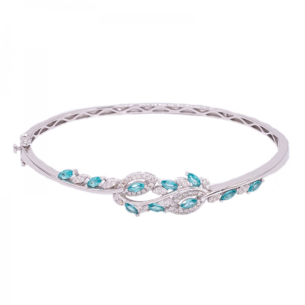 Leaf Shape Silver Bangle Set with Precious Marquise Paraiba 