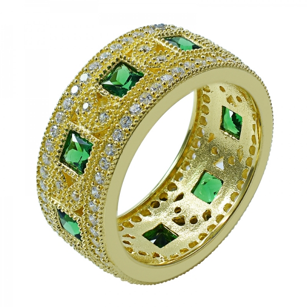 Square Green Nano Yellow Gold Plated Eternity Ring in Silver 
