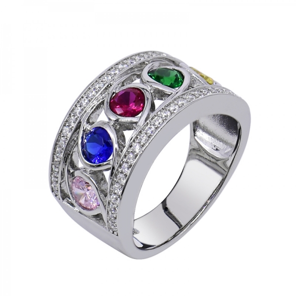 925 Fashionable Rhodium Ring With Multicoloured Stones 