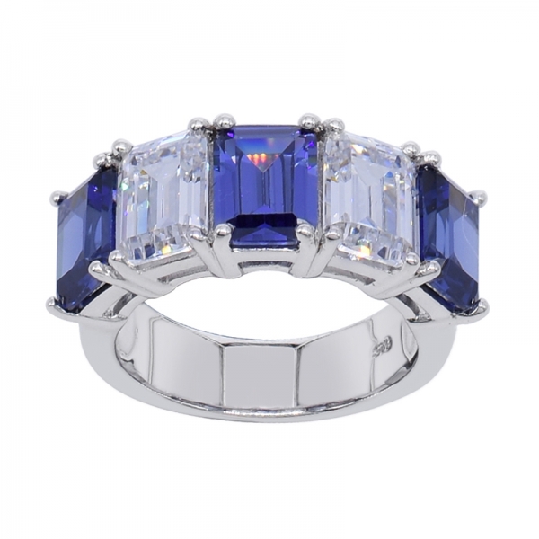 Fancy Emerald Cut White & Tanzanite CZ Ring in 925 Sterling Silver 