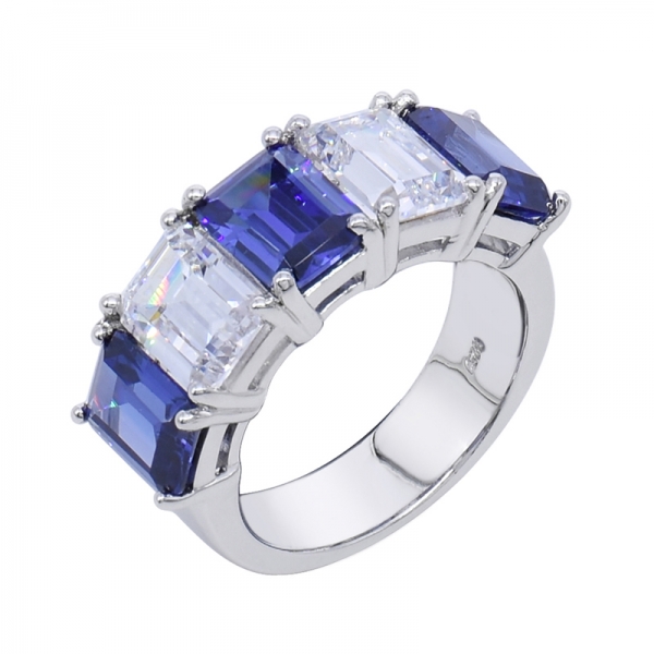 Fancy Emerald Cut White & Tanzanite CZ Ring in 925 Sterling Silver 