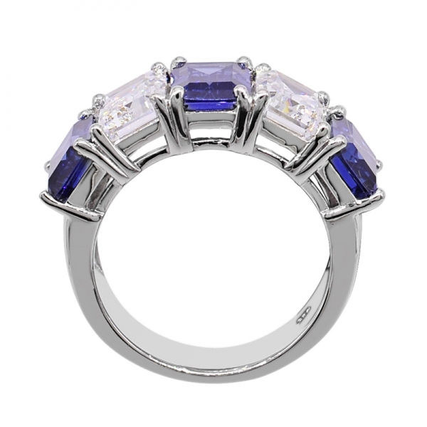 Fancy Emerald Cut White & Tanzanite CZ Ring in 925 Sterling Silver 