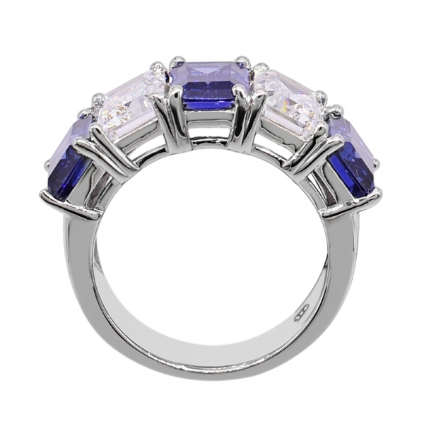 Fancy Emerald Cut White & Tanzanite CZ Ring in 925 Sterling Silver 