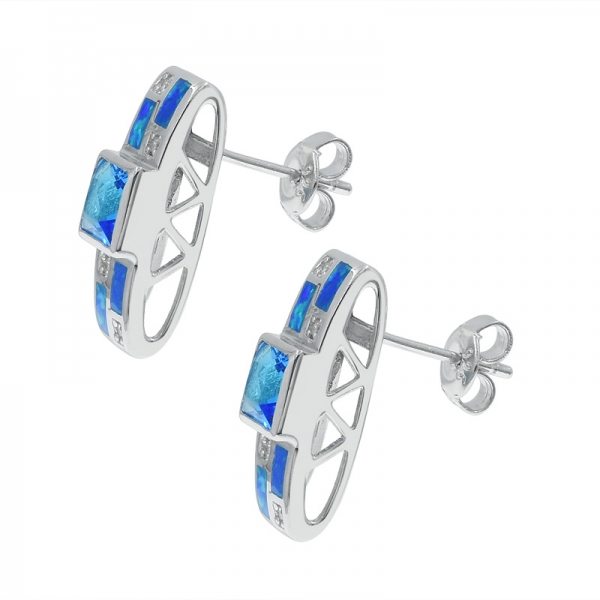 925 Silver Opal Earrings With Ocean Blue Stones 