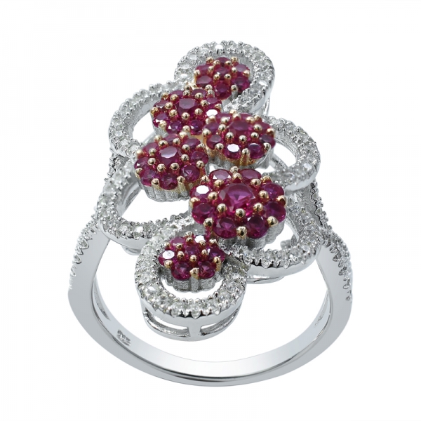 Round Ruby Corundum and White CZ 925 Sterling Silver Ring 