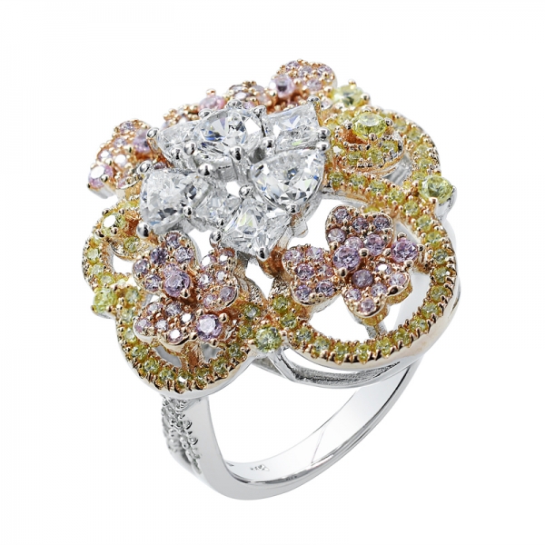 Two-tone Plated Silver Ring with Three Colors Stones 