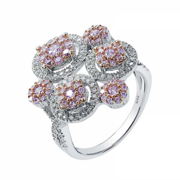 Round Pink and White CZ Silver Ring in 2-tone Plating 